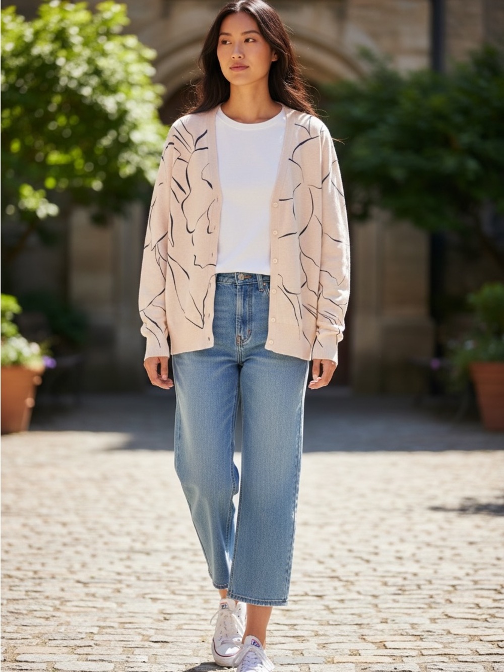 Lands' End Supima Cotton Cardigan Sweater Floral Cream Pink L